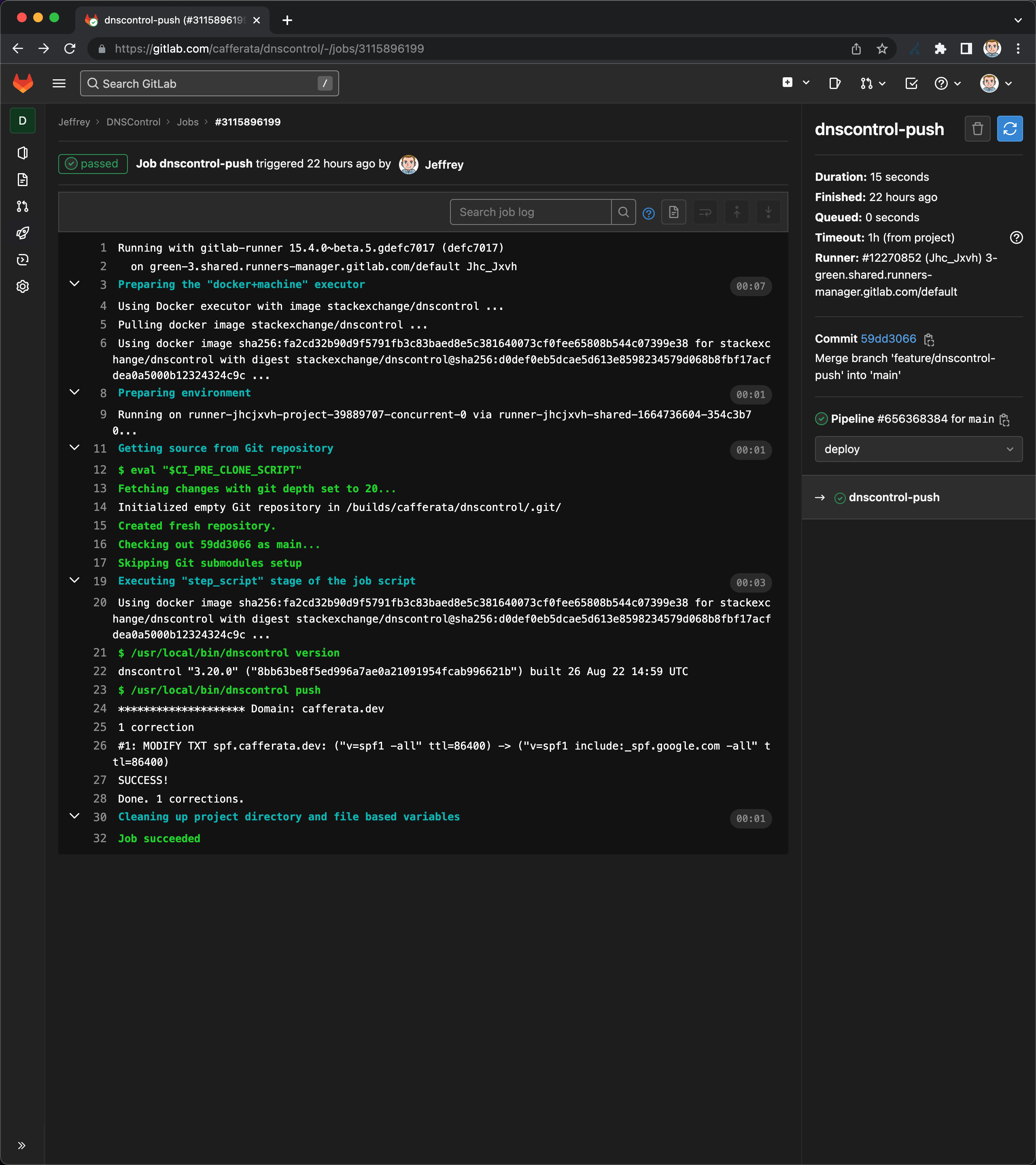 CI/CD job output for DNSControl push