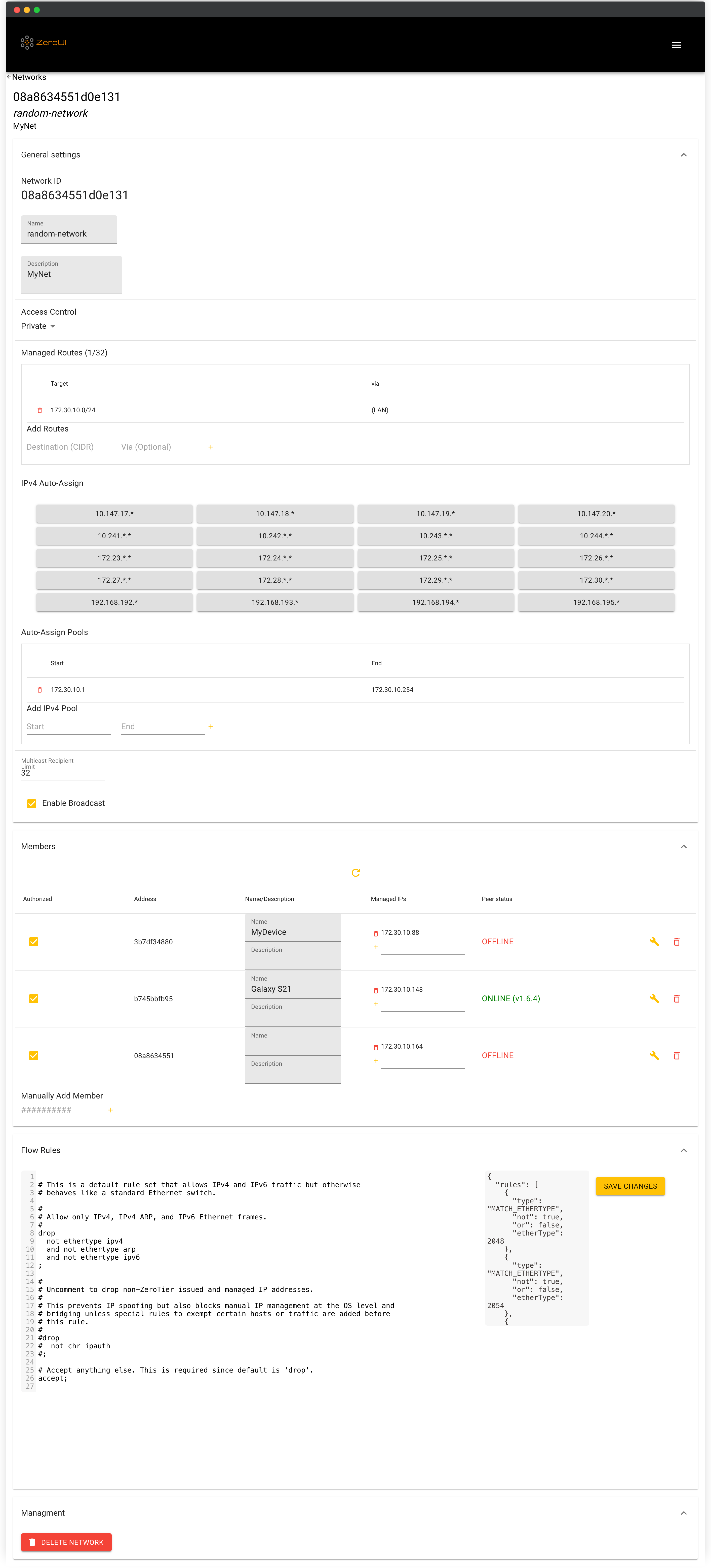 ZeroUI Network Page